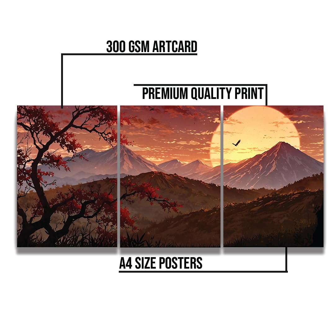 zenithink Japanese Mountain Sunset Wall Poster Pack Of 3-8x12 inch